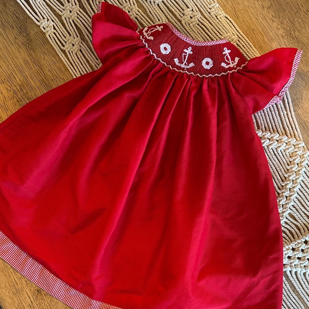 ROYAL CHILD Red smocked Dress with Anchor Embroidery nautical Christmas baby 9 m